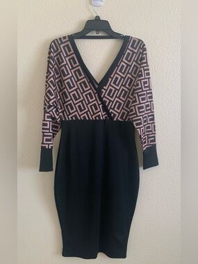 Colorblock Pink & Black V-Neck Long Sleeve Sheath Dress